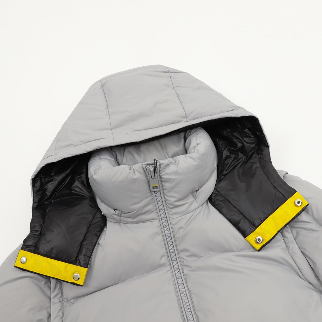 Fendi hooded puffer jacket, gray, quilted panels, yellow logo collar tabs