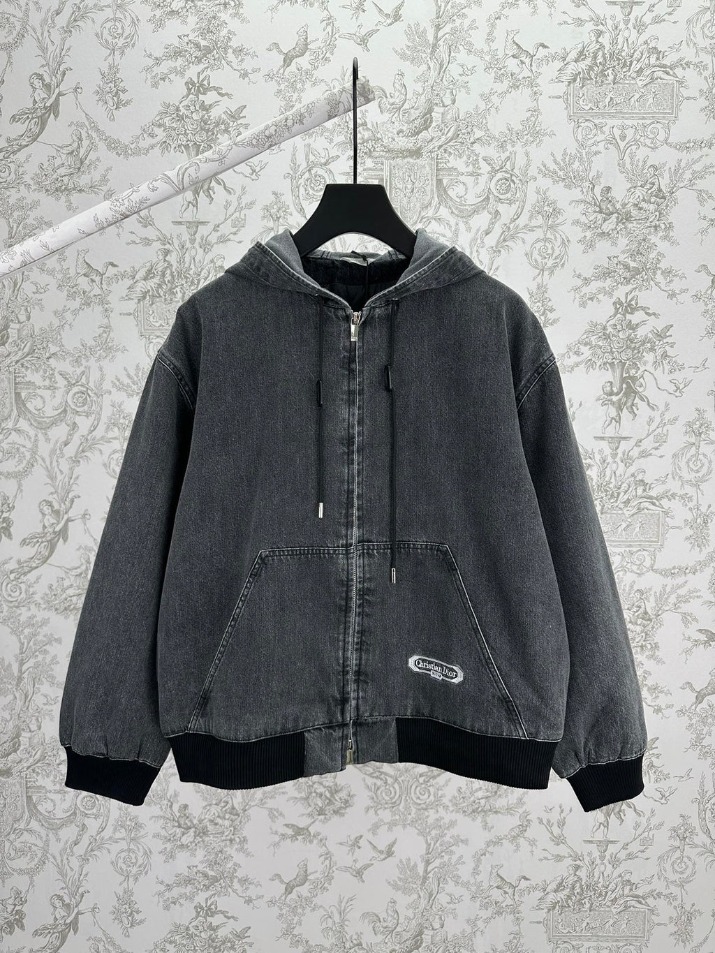Dior hooded denim jacket with front zipper and chest logo patch