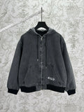 Dior hooded denim jacket with front zipper and chest logo patch