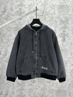 Dior hooded denim jacket with front zipper and chest logo patch