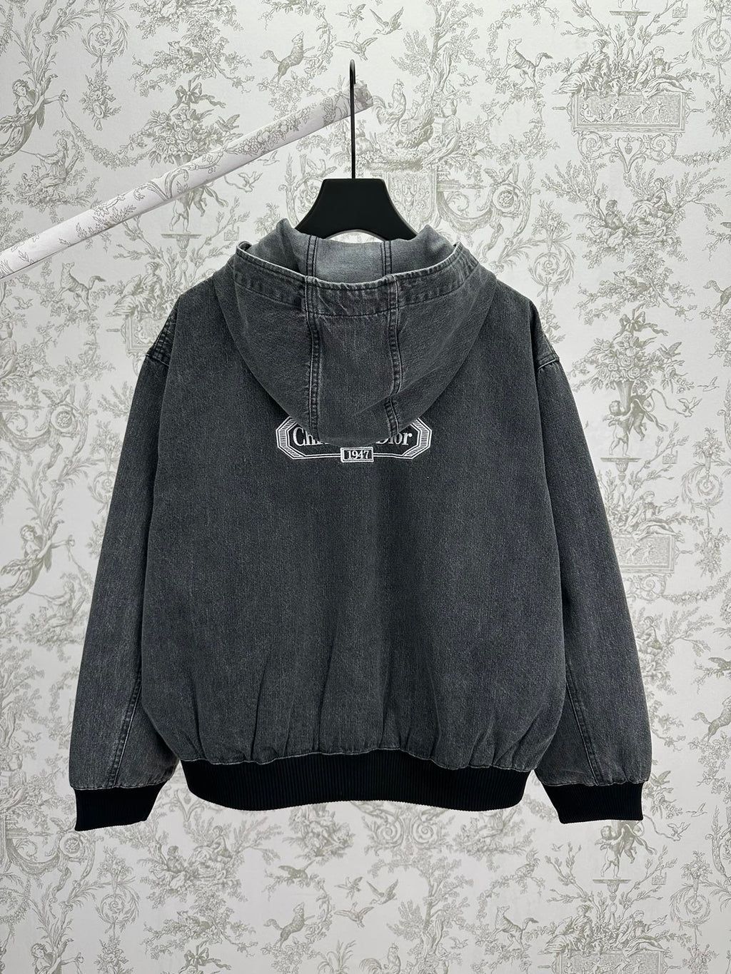 Dior hooded denim jacket, back view with logo label on the hood