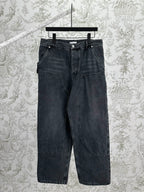 Dark blue denim pants with belt loops, front button, and straight-leg fit