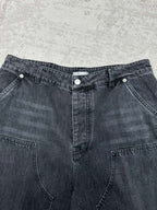 Denim pants waistband with button closure, belt loops, and front pockets