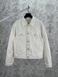 Long white jacket with button front, pointed collar, chest flap pockets