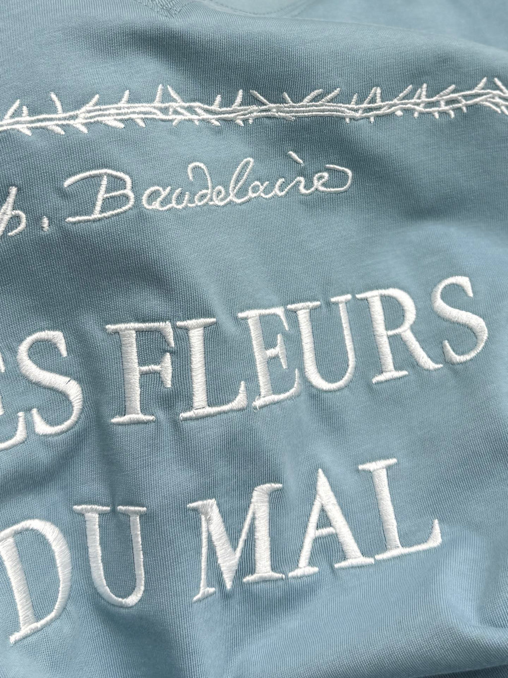 Light blue Dior T-shirt close-up of “LES FLEURS DU MAI” lettering and border stitch