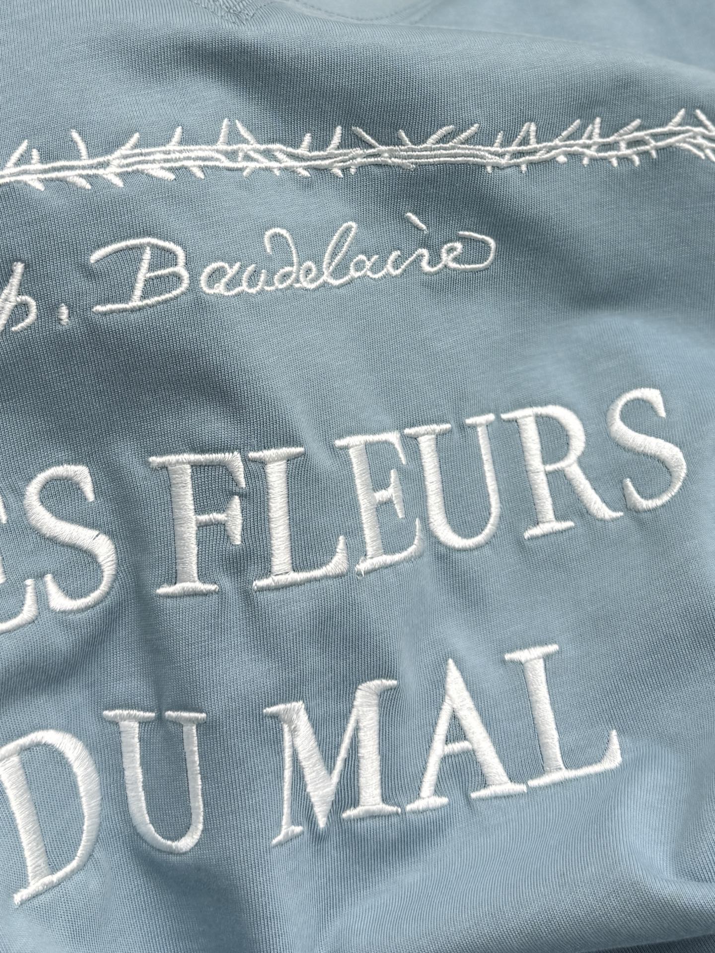 Light blue Dior T-shirt close-up of “LES FLEURS DU MAI” lettering and border stitch