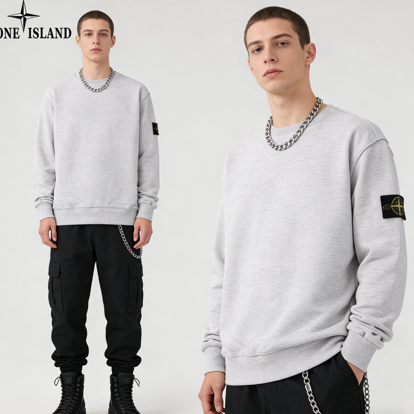 Stone Island light gray crewneck sweatshirt with sleeve patch, black cargo pants