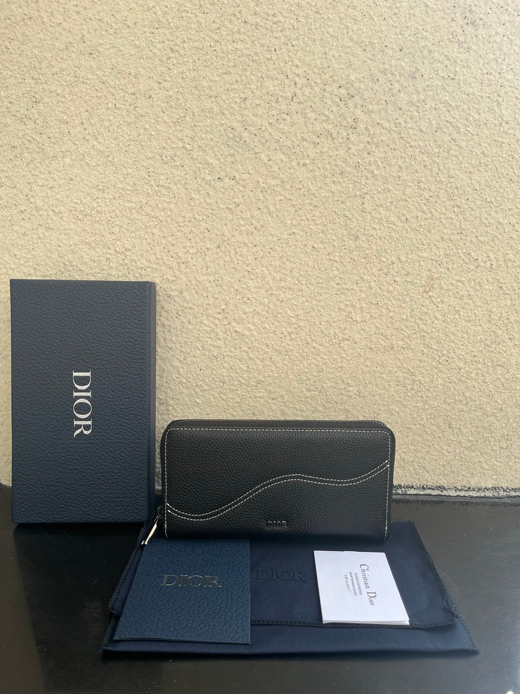 Dior small zip wallet bag in dark leather, curved front seam, gold zipper pull