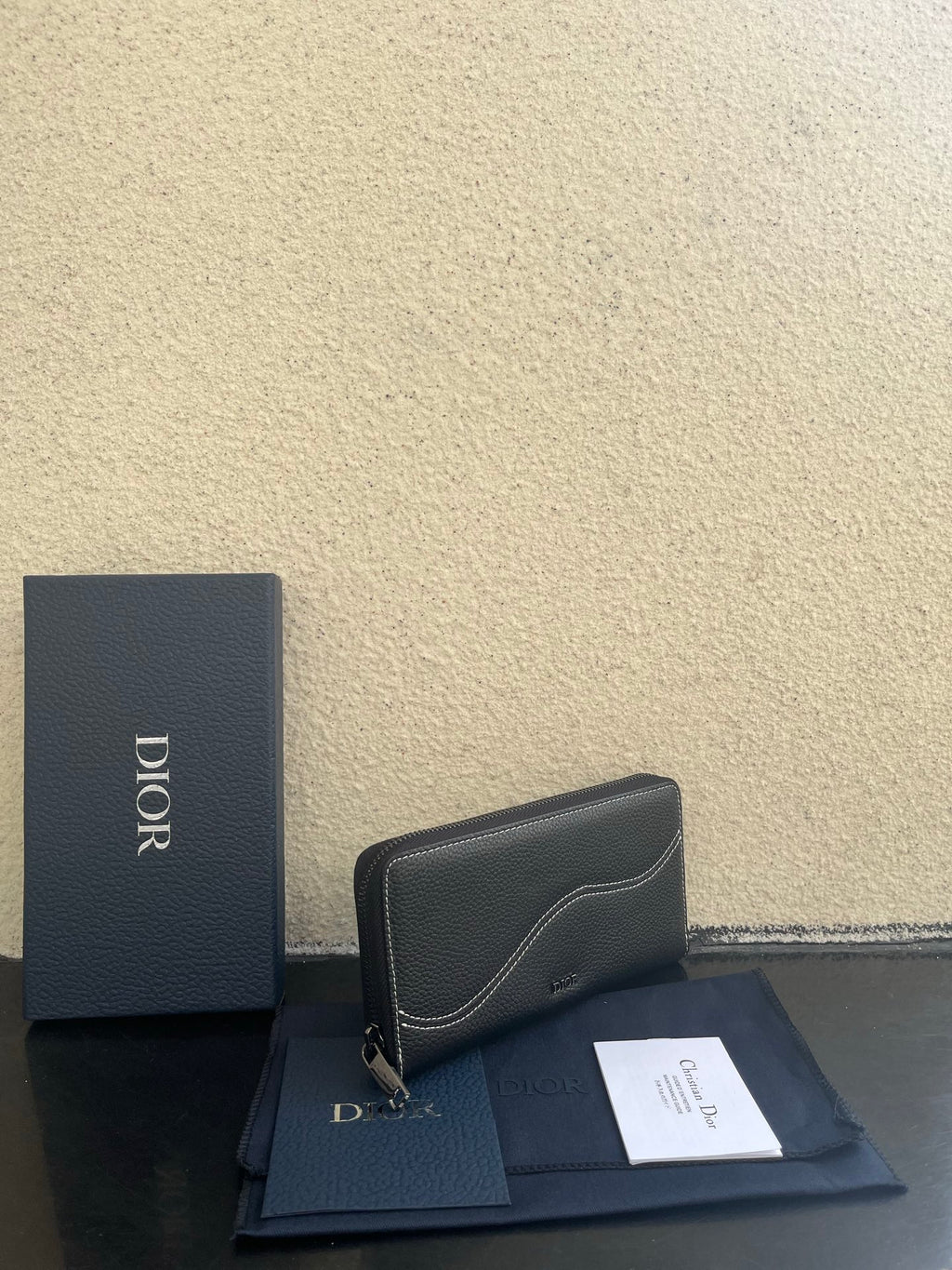 Dior small zip wallet bag in dark leather, front panel seam, gold zipper pull