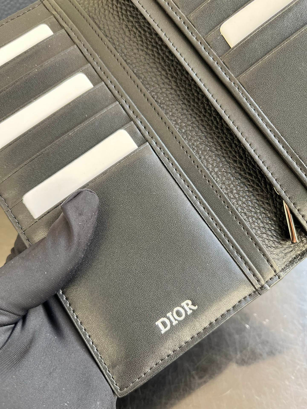 Small bag card wallet interior in tan leather with Dior logo on stitched pocket