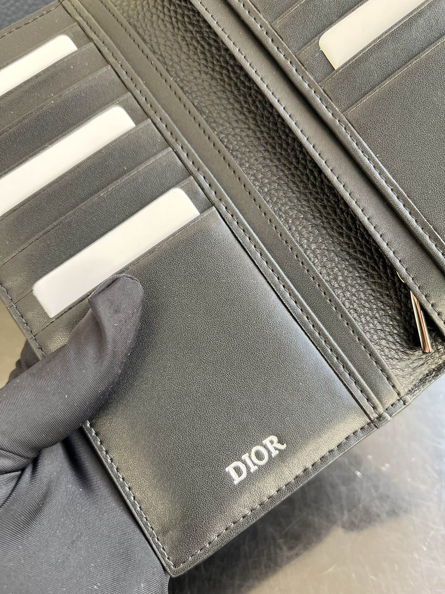 Small bag card wallet interior in tan leather with Dior logo on stitched pocket