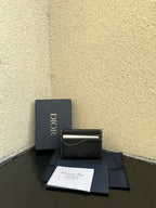 Dior small card holder in dark textured leather, stitched edge and logo panel