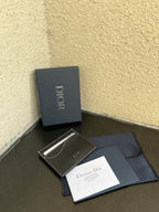 Dior small card holder and gift box, dark textured leather with silver trim