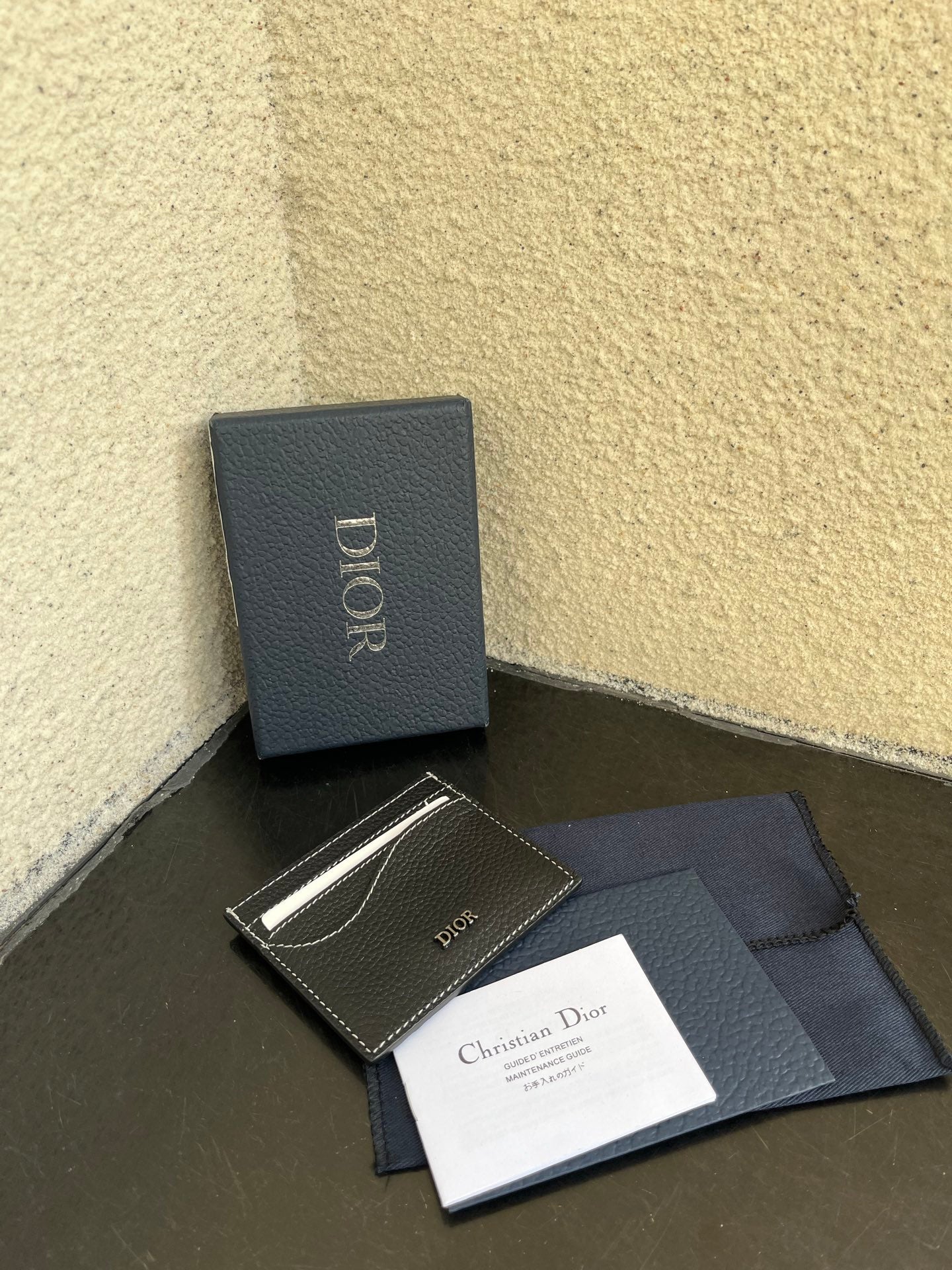 Dior small card holder and gift box, dark textured leather with silver trim