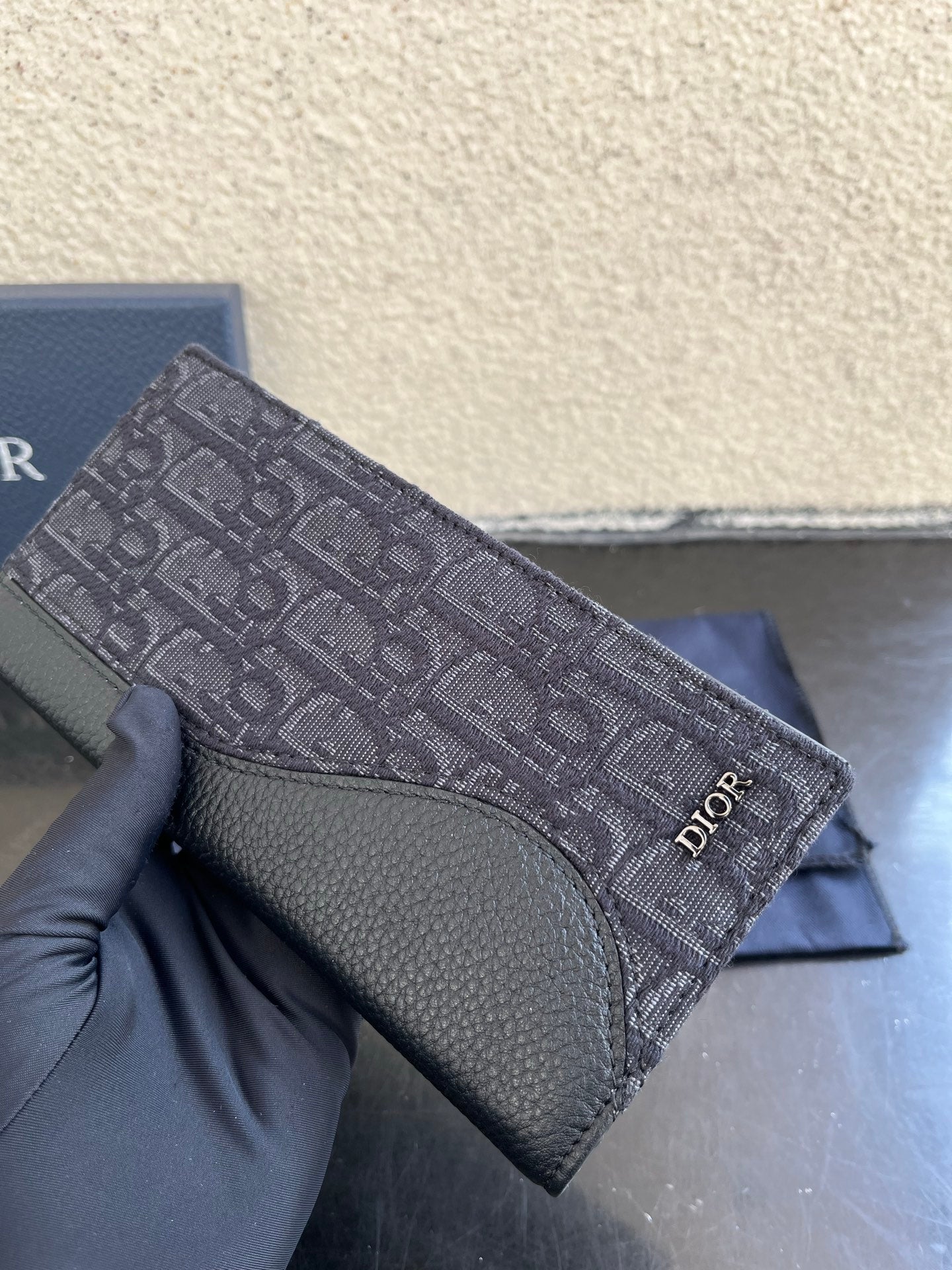 Small bag card holder monogram front with curved dark leather panel and Dior logo
