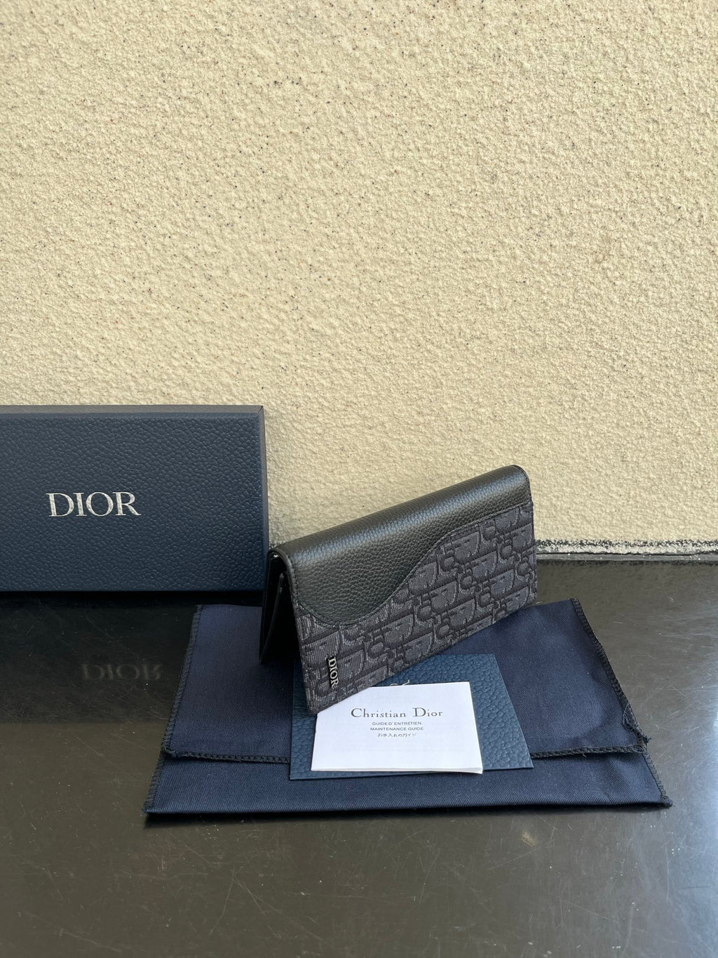 Small bag card holder with Dior monogram canvas and dark leather trim, front