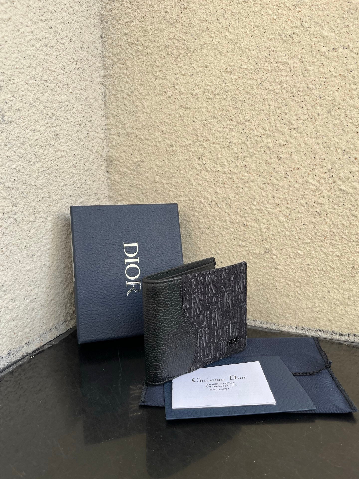 Dior small bag wallet in dark monogram canvas with smooth leather trim