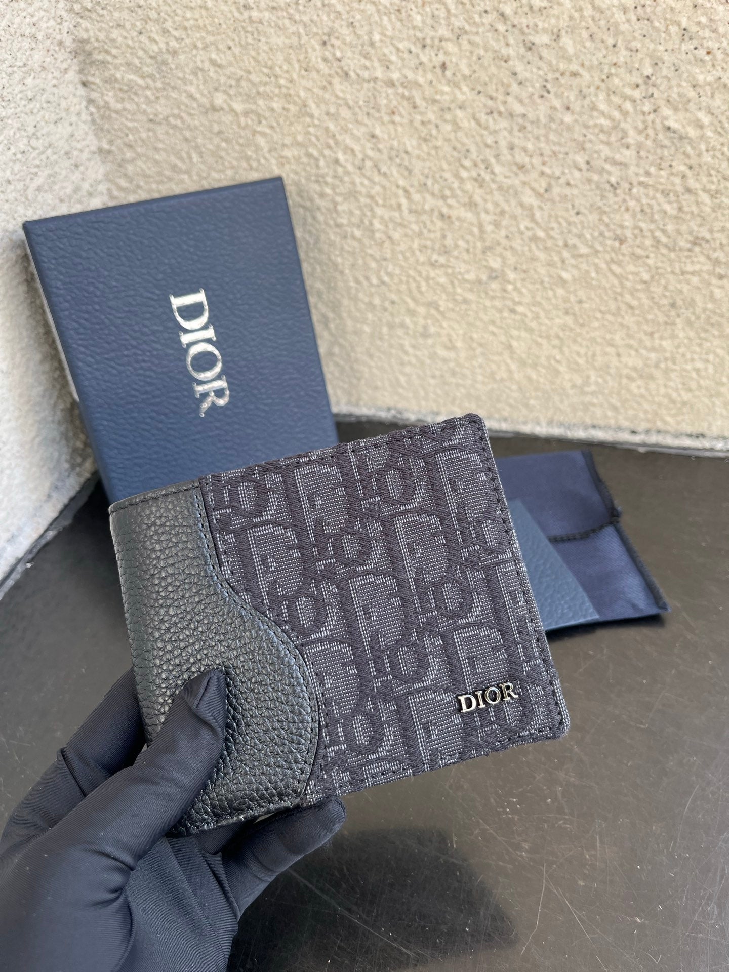 Dior small bag wallet in dark monogram canvas with leather corner flap