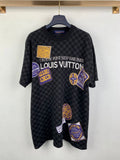 Black check short-sleeve T-shirt with embroidered front graphic patches