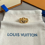 Gold-tone ring on a fabric pouch with LOUIS VUITTON print.