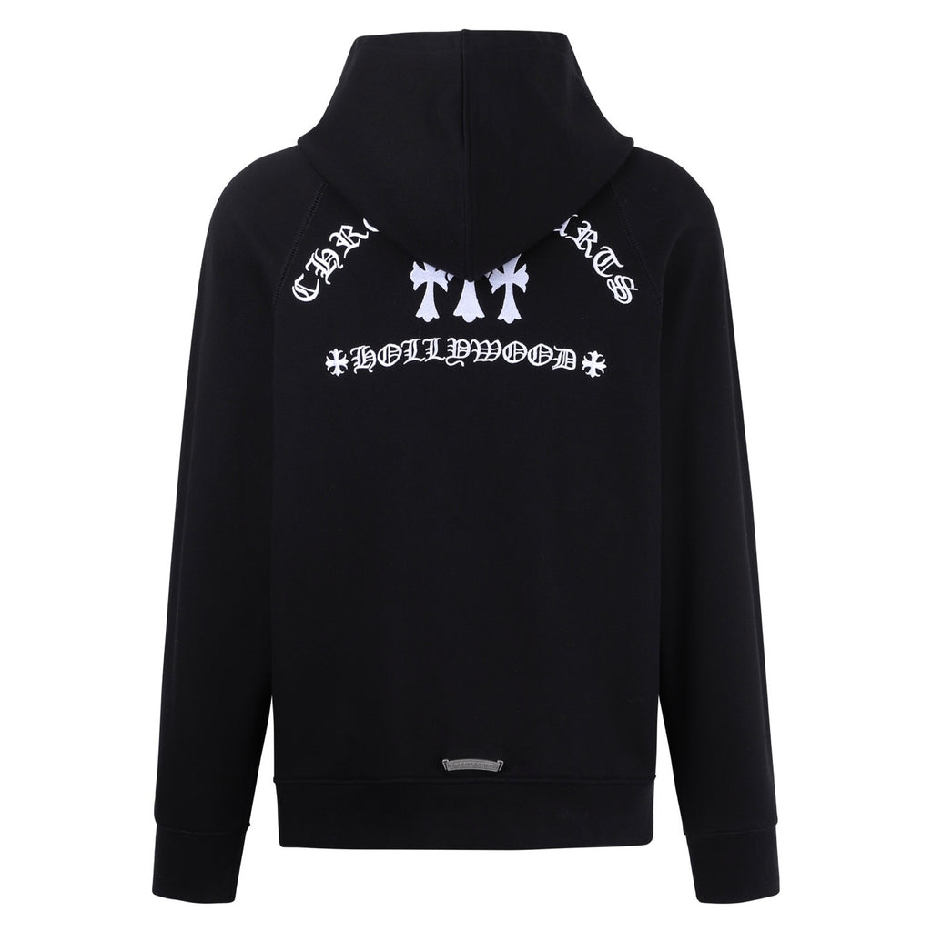 Dark hoodie with hood, back graphic print, and zip front pocket details
