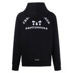 Dark hoodie with hood, back graphic print, and zip front pocket details