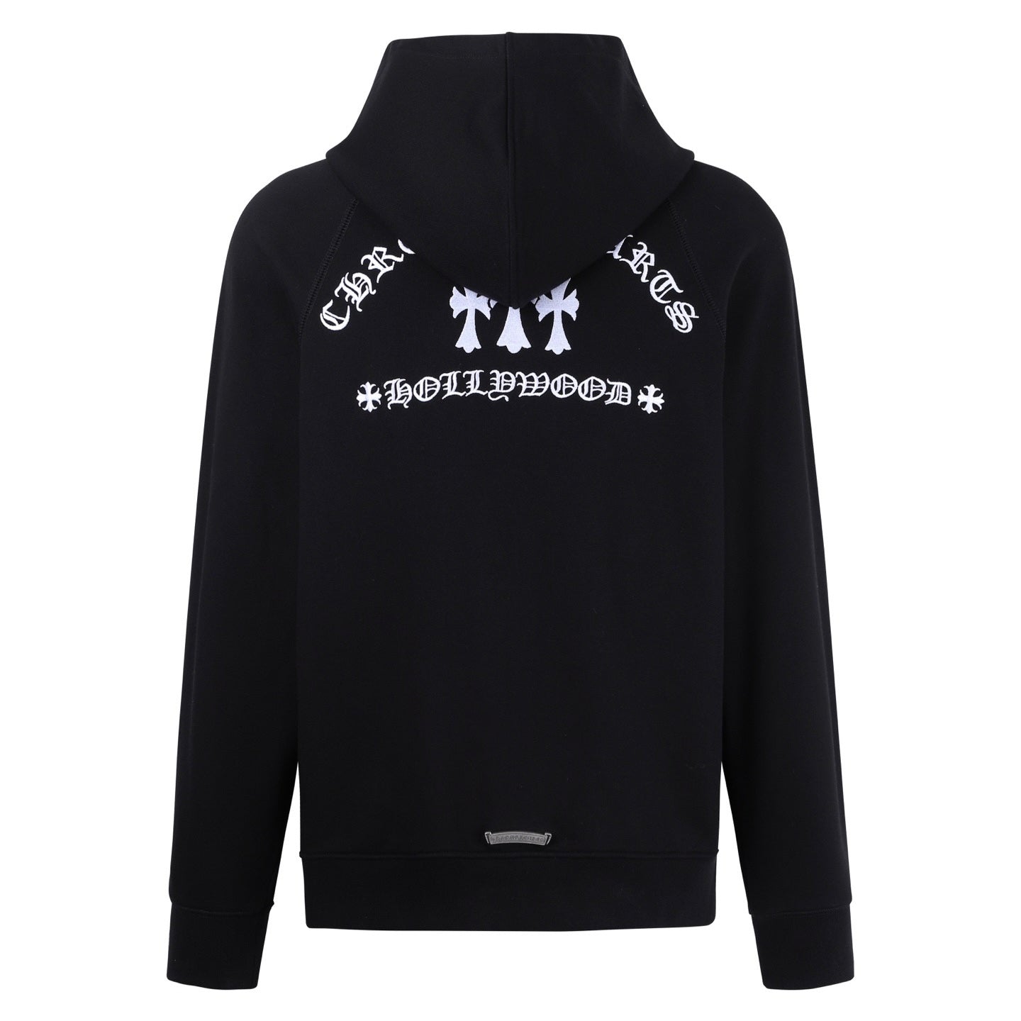 Dark hoodie with hood, back graphic print, and zip front pocket details