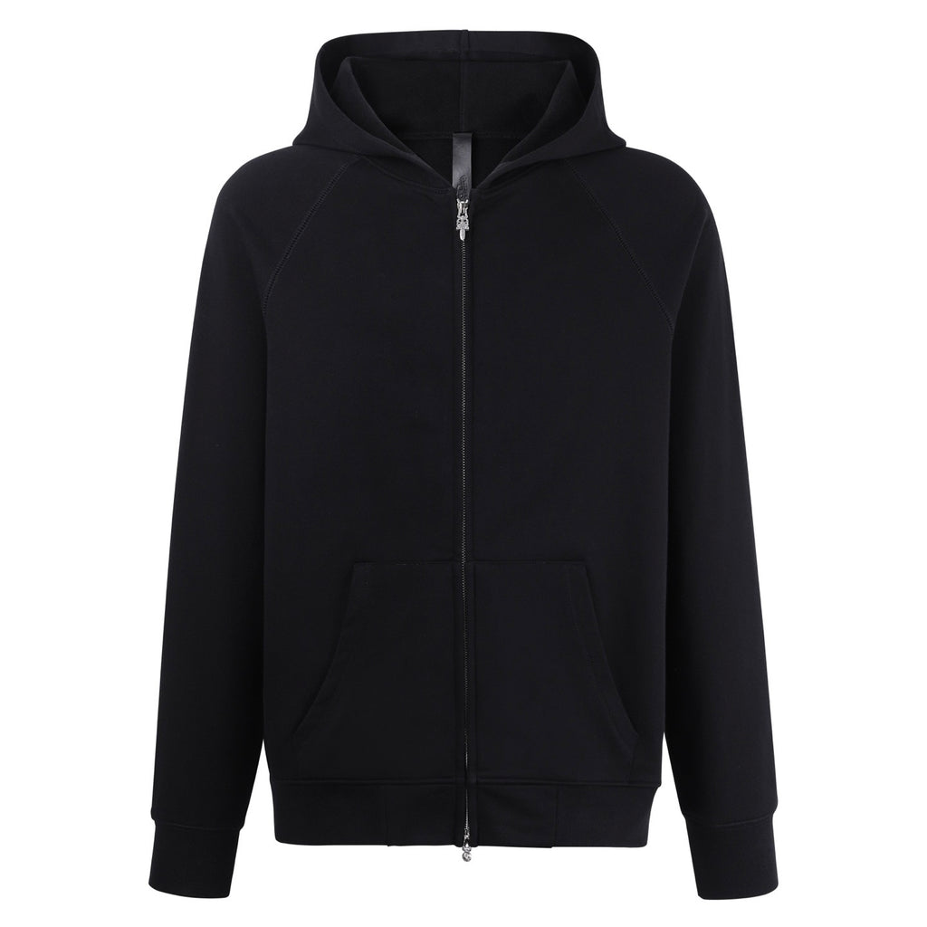 Dark zip-up hoodie with hood and long sleeves, front pouch pocket