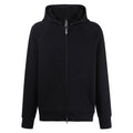 Dark zip-up hoodie with hood and long sleeves, front pouch pocket