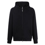 Dark zip-up hoodie with hood and long sleeves, front pouch pocket
