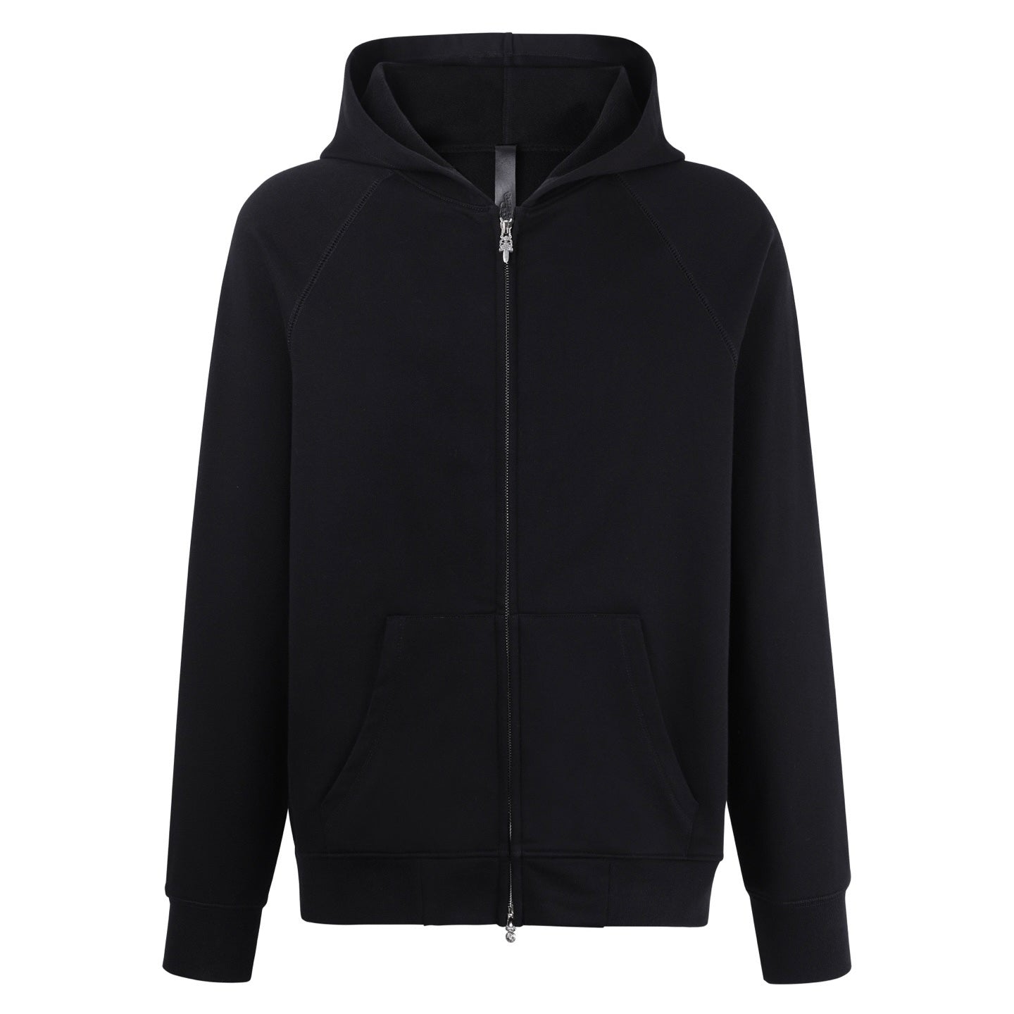 Dark zip-up hoodie with hood and long sleeves, front pouch pocket