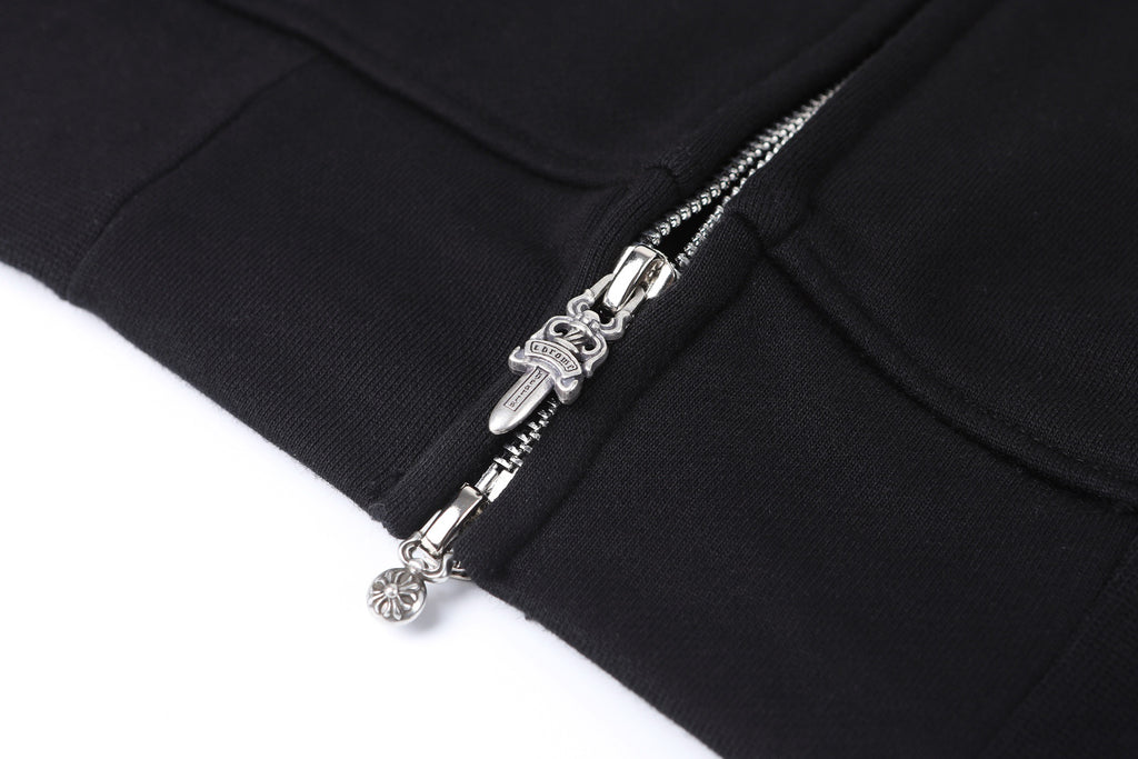 Dark hoodie with silver metal zipper and decorative zipper pull