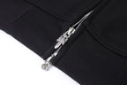 Dark hoodie with silver metal zipper and decorative zipper pull