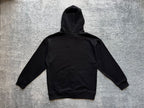 Black pullover hoodie, back view with hood and kangaroo pocket