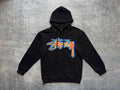 Black pullover hoodie with front Stussy graphic, hood and kangaroo pocket
