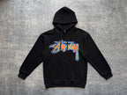 Black pullover hoodie with front Stussy graphic, hood and kangaroo pocket