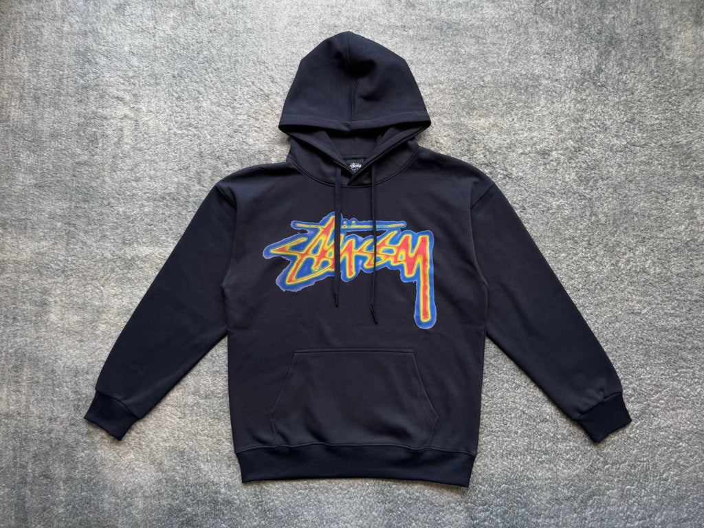Dark pullover hoodie with front Stussy graphic, hood and kangaroo pocket