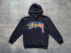 Dark pullover hoodie with front Stussy graphic, hood and kangaroo pocket