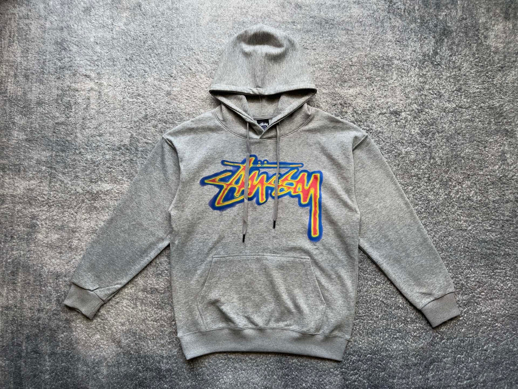 Gray pullover hoodie with front Stussy graphic, hood and kangaroo pocket