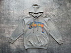 Gray pullover hoodie with front Stussy graphic, hood and kangaroo pocket