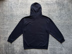 Dark pullover hoodie back view with hood and kangaroo pocket