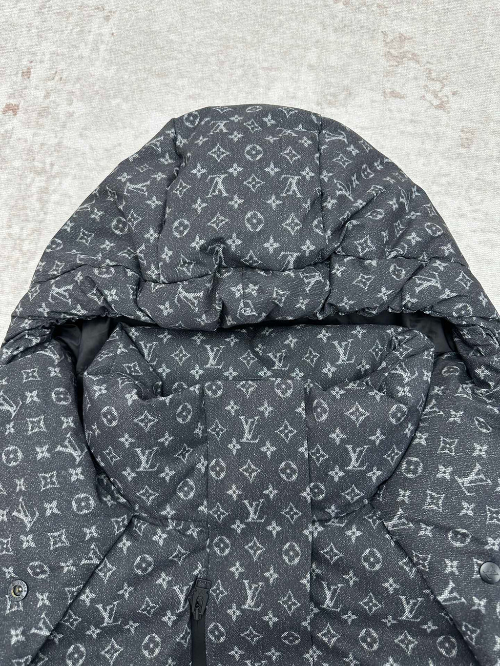 Louis Vuitton monogram puffer jacket hood, quilted puffer styling, dark gray.
