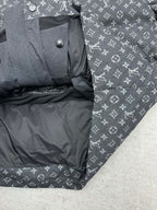 Louis Vuitton monogram puffer jacket interior lining with snap buttons, dark gray.