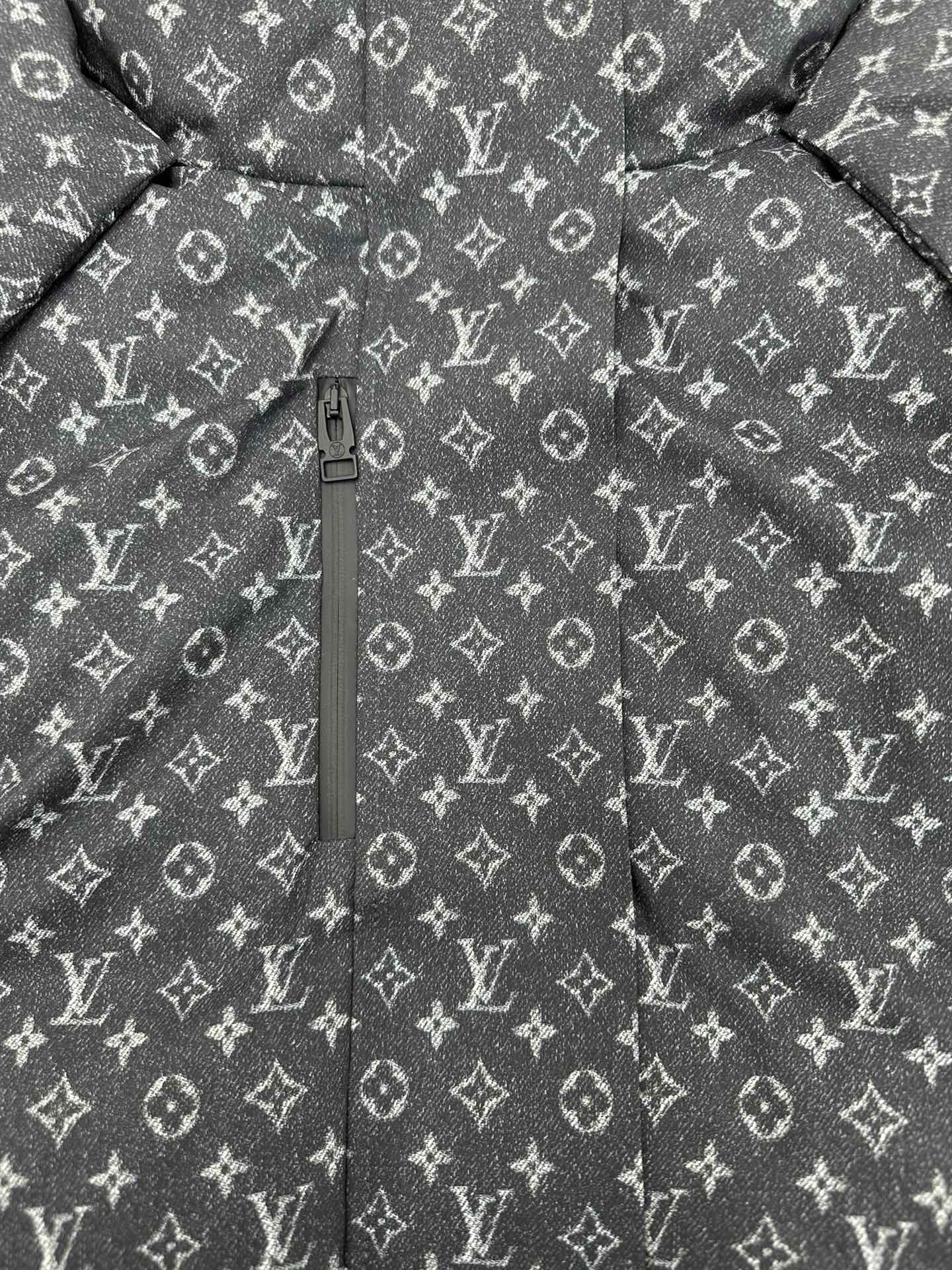 Louis Vuitton monogram puffer jacket front view with center zipper, dark gray.