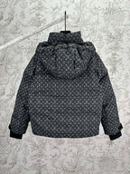 Louis Vuitton monogram puffer jacket with hood and zip front, dark gray.