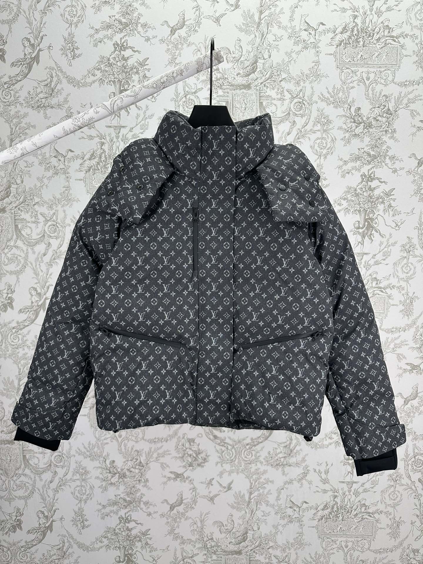 Louis Vuitton monogram puffer jacket with hood and full zip, dark gray.