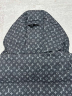 Louis Vuitton monogram hooded puffer jacket, quilted front panel, dark gray.