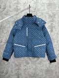 Blue hooded jacket with white Louis Vuitton monogram pattern, zip front and drawstring, black cuffs