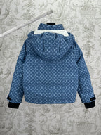 Blue hooded jacket with white Louis Vuitton monogram pattern, back view, black cuff hems