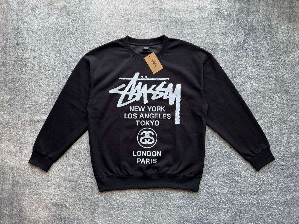 Stussy crewneck sweatshirt, dark with white city graphic on front